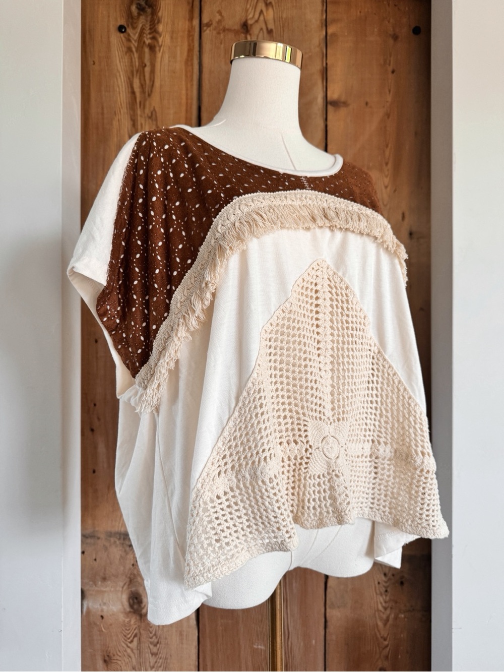 Sz S Judith March Suede & Cream Crochet Fringe Coastal Cowgirl T Shirt EUC